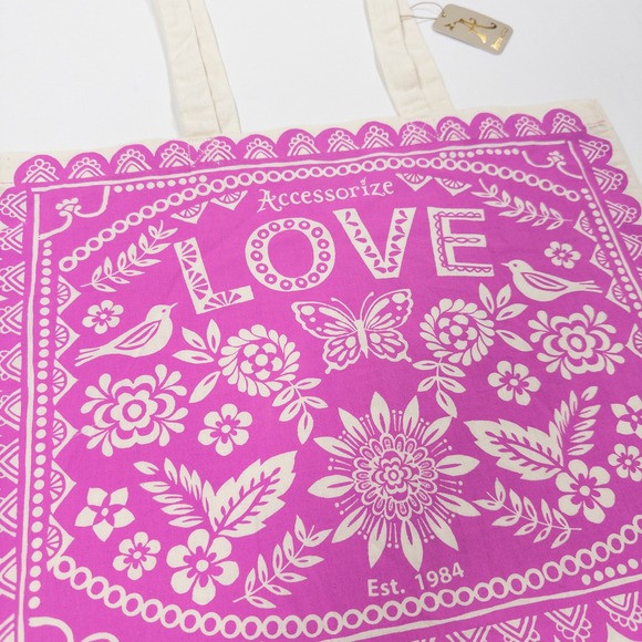 Accessorize Handbags - NWT Accessorize Pink Love Folk Floral Cotton Tote Bag Reusable Shopper Boho